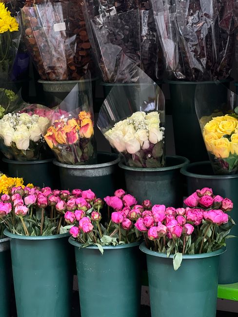 An array of fresh flowers arranged in dark green cylindrical buckets displayed outdoors. In the foreground, pink roses with lush green leaves are grouped together, showcasing their vibrant color and d